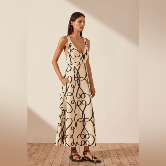 SHONA JOY Vietri Linen Plunged Paneled Midi Dress Size 4 - Picture 5 of 9